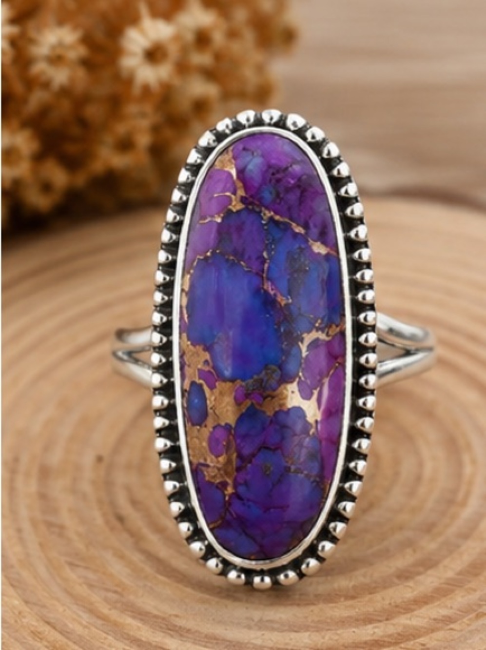Purple Turquoise Statement Ring Silver Tone Oval Size 6
